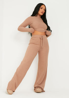 Cally Brown Rib Wide Leg Trousers