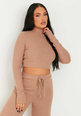 Billie Brown Rib High Neck Crop Top