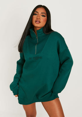 Jamilla Dark Green Ski Paradise Embroidered Half Zip Sweater Dress