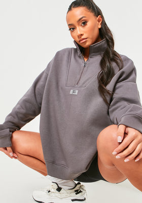 Kadie Charcoal Missy Sport Quarter Zip Oversized Sweatshirt