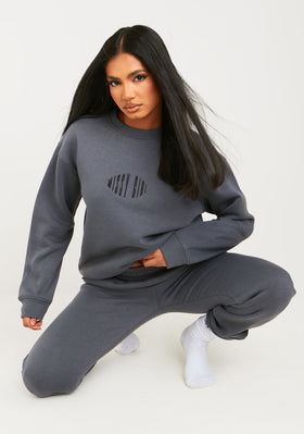 Leah Charcoal Missy Girl Embroidered Oversized Sweatshirt