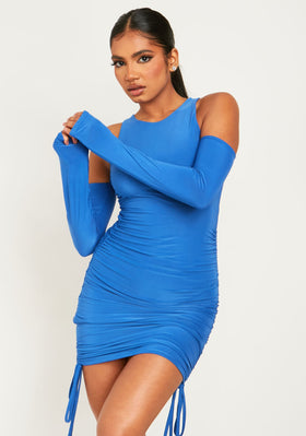 Jayda Blue Slinky Ruched Side Mini Dress With Attached Sleeves