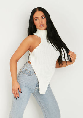 Gina Cream Roll Neck Knitted Drop Front Top