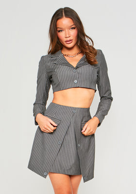Mia Charcoal Striped Tailored Button Up Asymmetric Mini Skirt