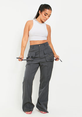Laura Charcoal Pocket Detail Straight Leg Cargo Trousers
