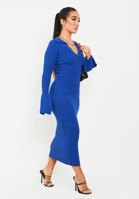 Maura Blue Knitted Collar Flared Sleeve Midi Dress