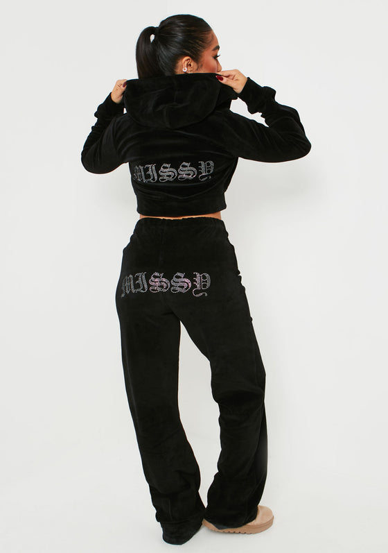 Mollie Black Velour Missy Gem Embellished Tracksuit Bottoms