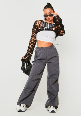Marlowe Black Distressed Knit Long Sleeve Extreme Crop Top