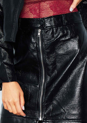 Ronja Black Vinyl Zip Front Mini Skirt