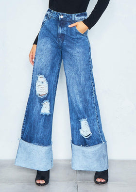 Martha Denim Wide Leg Distressed Turn Up Jeans