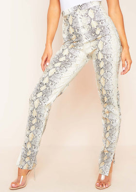 Khloe White Snake Print Vegan Leather Side Split Leggings