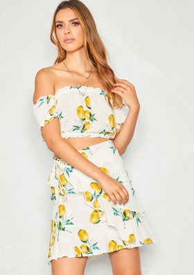Stacey White Lemon Print Frill Crop Top