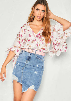 Robin White Rose Print Wrap Top