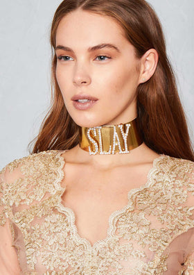 Sia SLAY Gold Faux Leather Diamante Slogan Choker