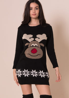 Black Rudolph Print Knitted Christmas Dress