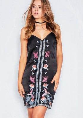 Porla Black Embroidered Cami Slip Dress