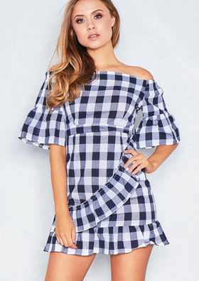 Delila Gingham Navy Bardot Frill Shift Dress