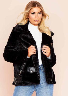 Bella Black Faux Fur Aviator Jacket