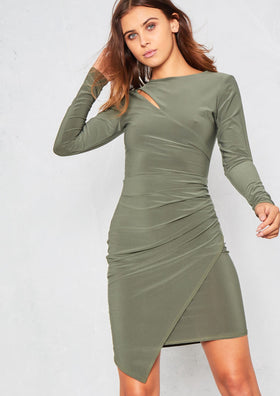 Ashleah Green Ruched Cut Out Asymmetric Bodycon Dress
