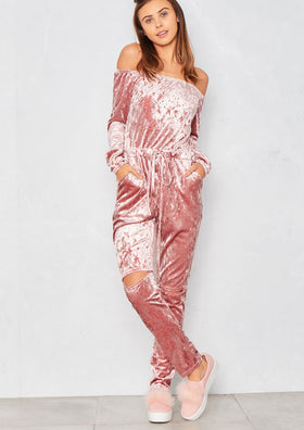 Lorenza Pink Velvet Off Shoulder Jumpsuit