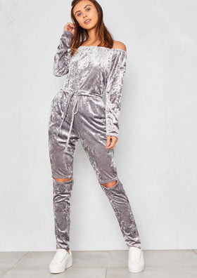 Lorenza Grey Velvet Off Shoulder Jumpsuit