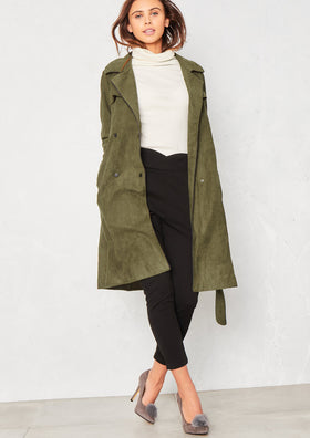 India Khaki Faux Suede Tie Waist Trench Coat