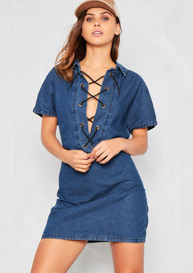 Yasmin Indigo Denim Lace Up Collared Dress