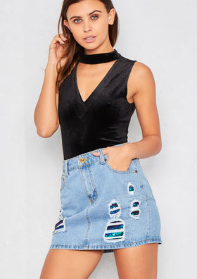 Cheri Blue Denim Distressed Sequin Mini Skirt