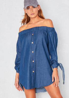 Myrah Indigo Denim Bardot Mini Dress