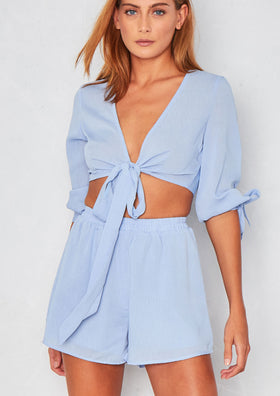 Saffron Blue Bow Tie Plunge Short Co-Ord