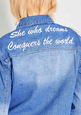 Trisha Frayed Hem Slogan Print Denim Jacket