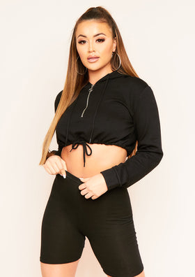 Hira Black Zip Drawstring Cropped Hoodie
