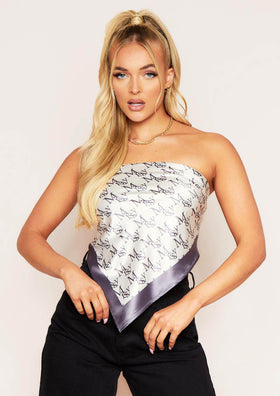 Neisha Charcoal Missy Repeat Print Satin Bandana Scarf Top