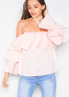 Lilly Pink Bardot Ruffle Bell Sleeve Top