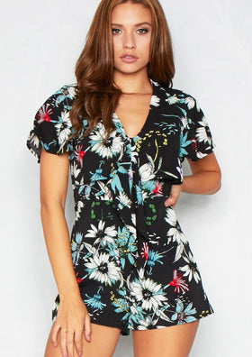Pria Black Floral Front Tie Cap Sleeve Playsuit