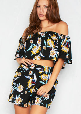 Kaya Black Floral Bardot Co Ord Set