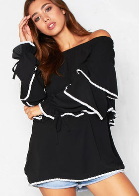 Sammia Black Bardot Frill Detail Top