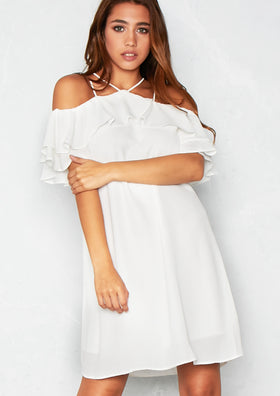 Simone Cream Cold Shoulder Frill Strap Dress