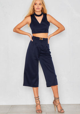 Patsy Navy Choker Crop Top and Culottes Co-Ord