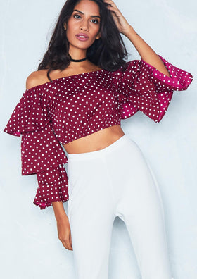 Mel Wine Layered Frill Sleeve Polka Dot Crop Top