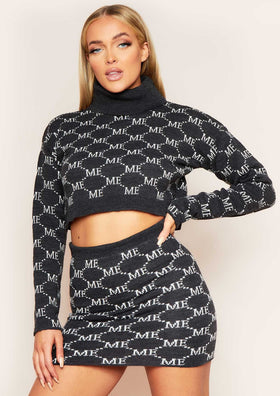 Carly Charcoal Missy Empire Print Knitted Roll Neck Cropped Jumper