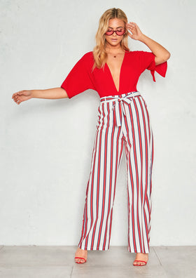 Zuri Red Stripe Belted Flare Trousers