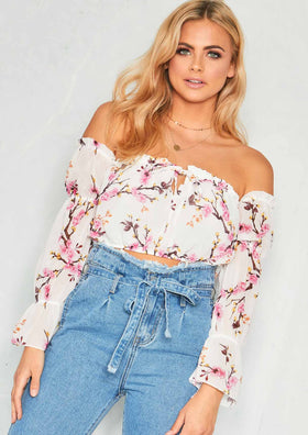 Georgia White Floral Bardot Chiffon Crop Top