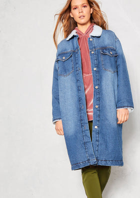 Hester Blue Denim Shearling Longline Coat