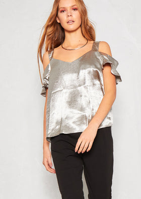 Nayeli Silver Satin Cold Shoulder Top