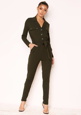 Jeanie Khaki Ribbed Button Utility Jumpsuit