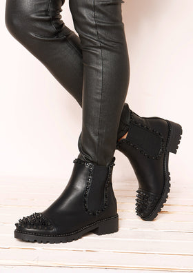 Layla All Black Faux Leather Spiked Studded Boots