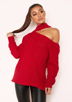 Sindy Red Cut Out Chunky Knit Jumper