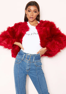Aniyah Red Cropped Shaggy Faux Fur Coat