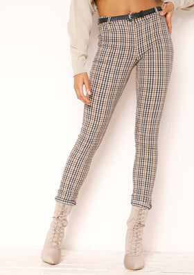 Britany Beige Check Belted Trousers